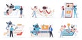 People using AI. Artificial intelligence interacts with users, communicating with chatbot, futuristic assistant helps