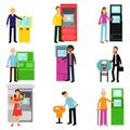 People using ATM terminal set, man and woman doing ATM machine money deposit or withdrawal Illustrations Royalty Free Stock Photo