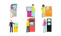 Set Of Vector Illustrations With People Using Kinds Of Automatic Teller Machines