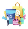People using eco friendly reusable bag, cup, jar, flat vector illustration. Zero waste. Life without plastic.