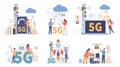 People using 5g. Users of network options, urban wireless technologies, high speed environment, transmitter towers