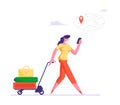 People Using Gadget Online Navigation App Concept. Woman Pulling Trolley with Luggage Watching on Mobile Phone Screen