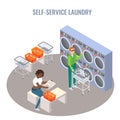 People using laundromat for washing and drying their clothes, flat vector isometric illustration. Self service laundry. Royalty Free Stock Photo
