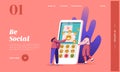 People Using Messaging App Landing Page Template. Female Characters Sending Text Messages by Mobile Phone. Sms and Emoji