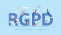 People using mobile gadgets and internet devices among big RGPD letters. GDPR, RGPD, DSGVO, DPO. Concept vector Royalty Free Stock Photo