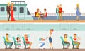People Using Public Transport Set, Passengers of Cruise Ship and Airplane, Aircraft Modern Interior Vector Illustration
