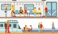 People Using Public Transport Set, Passengers of Underground and Cruise Ship Vector Illustration Royalty Free Stock Photo