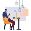 People using Smartphone in cafe. Phone addict and social media concept. flat character design vector illustration Royalty Free Stock Photo