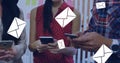 People using smartphones for messaging, surrounded by digital envelope icons