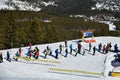 People using t-bar ski lift to get on the top of Breckenridge Ski Resort