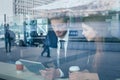 People using technology, business man with tablet computer meeting colleague