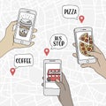 People using their smartphones to find restaurants and public transport