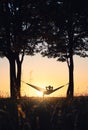 People on vacation. A girl`s silhouette in a hammock between trees. A hammock in the background of the sunset.