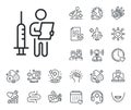 Vaccination announcement line icon. People vaccine syringe sign. Online doctor, patient and medicine. Vector