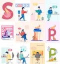 People in various common situations work and rest scenes set. Alphabet for kids with animals