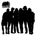 6 people Vector figures friends, guys and girls are standing next to their full height, embracing their shoulders, young guys are Royalty Free Stock Photo