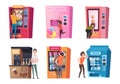 People vending machine. Characters buying snacks in vending machines self checkpoints exact vector illustrations set