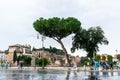 People on Via Dei Fori Imperiali Street alongside the ruins of the Forum of Augustus Forum Romanum in Rome, Italy. Royalty Free Stock Photo