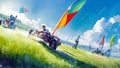 People in a vibrant field, flying colorful kites and driving kite buggies under a bright sky with clouds and cityscape Royalty Free Stock Photo