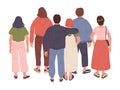 People view from behind. Male and female characters back side position. Fashionable people group flat vector Illustration