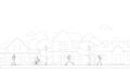 People village life neighborhood line art vector. Residential buildings on suburban street. Bike and walk people in