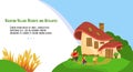 People in village vacation flat vector illustration, cartoon happy villager family characters have fun, rest near cute