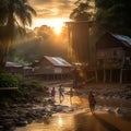 People in the village walk across the river at sunset