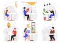 People visit cafe cartoon set, drinking drinks during coffee break, breakfast or lunch Royalty Free Stock Photo