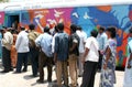 People visit Red Ribbon Express to see the exhibits of the Indian Railways AIDS/HIV awareness campaign