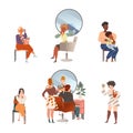 People visiting barbershop shop or hair salon set. Hairdresser doing haircut, customer waiting in quene vector