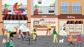 People visiting coffeehouse, cafe, bakery, walking down city street, vector illustration. Small shop exterior, customers