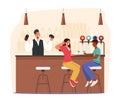 People Visiting Night Club or Beer Pub Concept. Male and Female Characters Sit at High Chairs Drinking Alcohol Cocktails Royalty Free Stock Photo