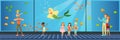 People visiting an oceanarium, children watching underwater scenery with sea animals vector Illustration in flat style