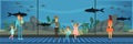 People visiting an oceanarium, kids watching sea fish at excursion with their teacher vector Illustration in flat style