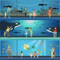 People visiting an oceanarium set of vector Illustrations, parents with children watching underwater scenery with sea
