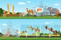 People visiting an zoo set of vector Illustrations, parents with children watching wild animals Royalty Free Stock Photo