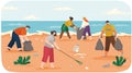 People volunteering collect garbage ontaminated areas of sand on shore. Characters throwing trash