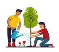 People volunteers plant tree. Environment care, ecological issues, saving nature and day of Earth concept. Cartoon flat