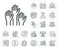 Voting hands line icon. People vote by hand sign. Specialist, doctor and job competition. Vector