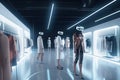 People in VR headset walk in store, woman customer using virtual reality, generative AI