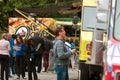 People Wait In Line To Buy Meals From Food Trucks Royalty Free Stock Photo