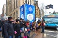 People wait in line for Winterlude Festival bus in Ottawa, Canada