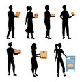 People Wait In Queue To Send Packages And Letters. Set Of Characters Silhouettes Pick up, Send Parcels. Mail Delivery