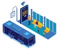 People Waiting for Bus While the Person books the Bus tickets online Isometric Artwork