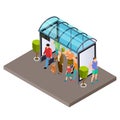 People are waiting for the bus at the bus stop isometric vector illustration Royalty Free Stock Photo