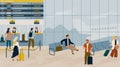 People waiting for a flight in airport terminal hand drawn vector illustration. Passengers in queue at check-in counter