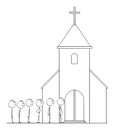 People Waiting in Front of the Church, Christianity and Faith Concept, Vector Cartoon Stick Figure Illustration