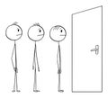 People Waiting in Front of Closed Door, Vector Cartoon Stick Figure Illustration