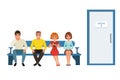 People Waiting in Line in Clinic Corridor, Queue of Four People Sitting on Bench Vector Illustration