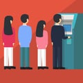 People waiting in line queue to draw money from self-service ATM Automated Teller Machine cartoon vector illustration